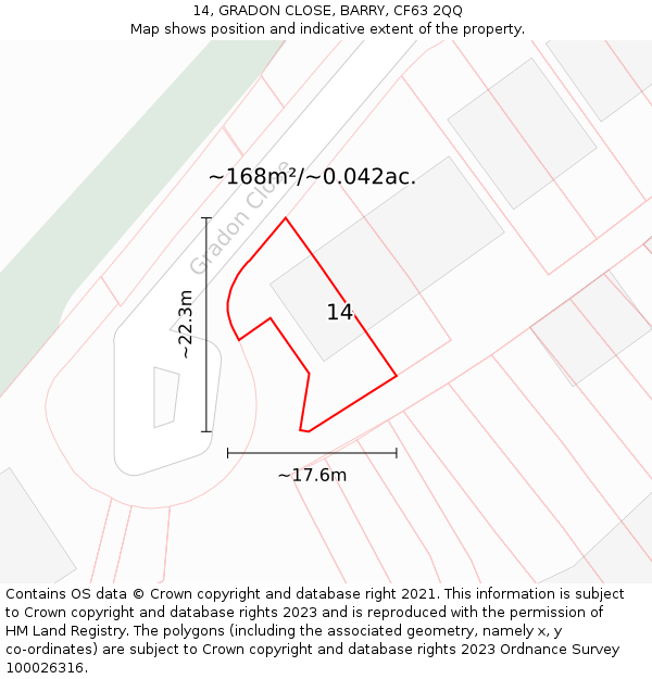 14, GRADON CLOSE, BARRY, CF63 2QQ: Plot and title map