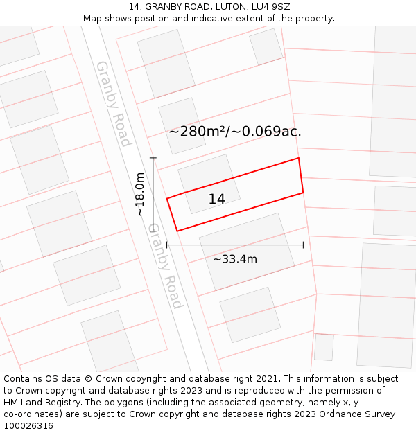 14, GRANBY ROAD, LUTON, LU4 9SZ: Plot and title map