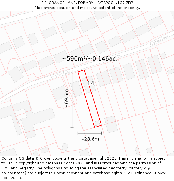 14, GRANGE LANE, FORMBY, LIVERPOOL, L37 7BR: Plot and title map