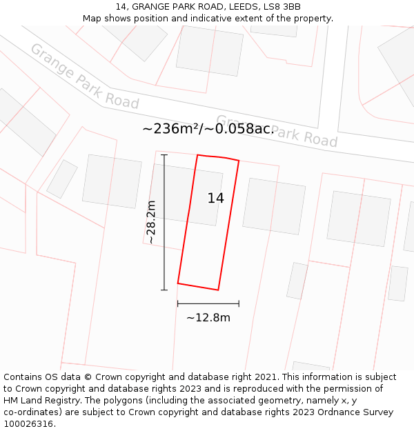 14, GRANGE PARK ROAD, LEEDS, LS8 3BB: Plot and title map