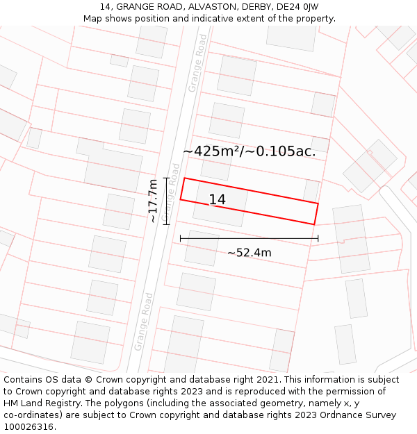 14, GRANGE ROAD, ALVASTON, DERBY, DE24 0JW: Plot and title map