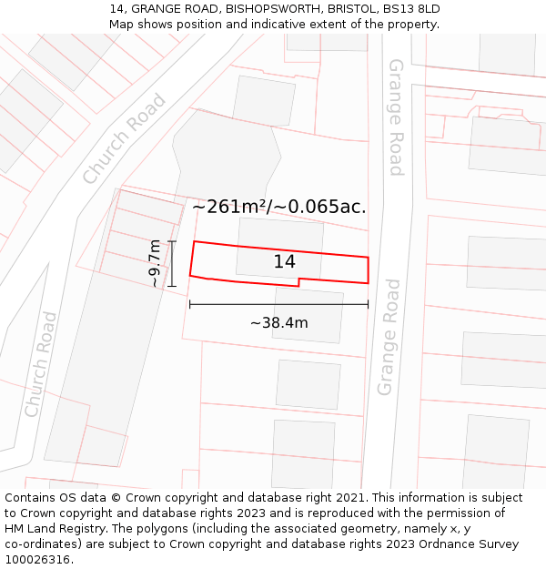 14, GRANGE ROAD, BISHOPSWORTH, BRISTOL, BS13 8LD: Plot and title map