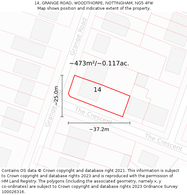 14, GRANGE ROAD, WOODTHORPE, NOTTINGHAM, NG5 4FW: Plot and title map