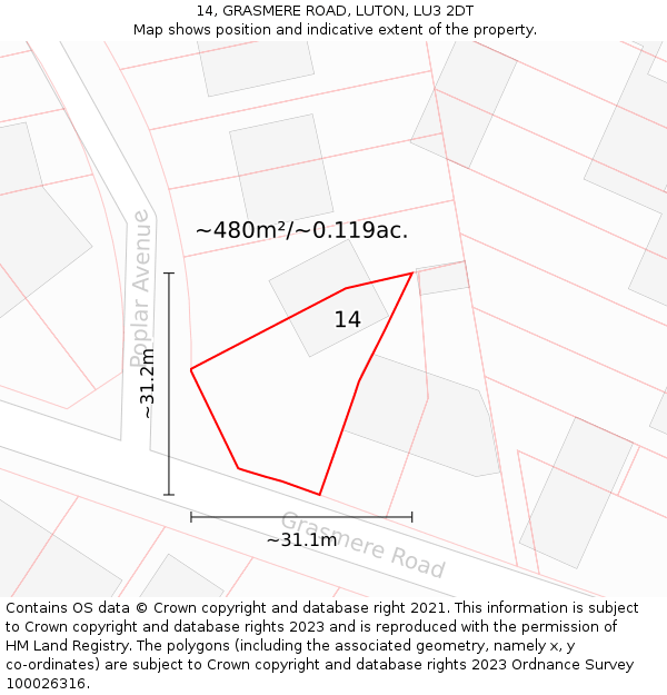 14, GRASMERE ROAD, LUTON, LU3 2DT: Plot and title map