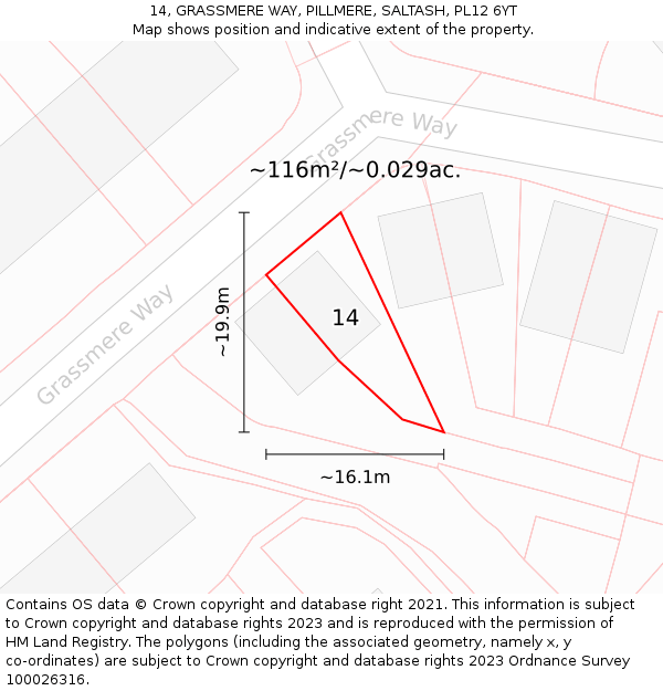 14, GRASSMERE WAY, PILLMERE, SALTASH, PL12 6YT: Plot and title map