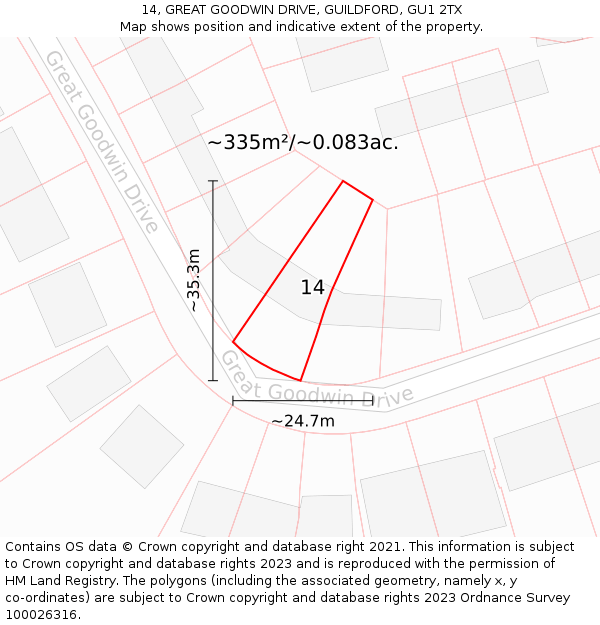 14, GREAT GOODWIN DRIVE, GUILDFORD, GU1 2TX: Plot and title map