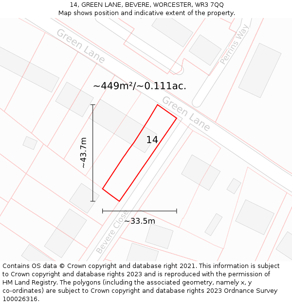 14, GREEN LANE, BEVERE, WORCESTER, WR3 7QQ: Plot and title map