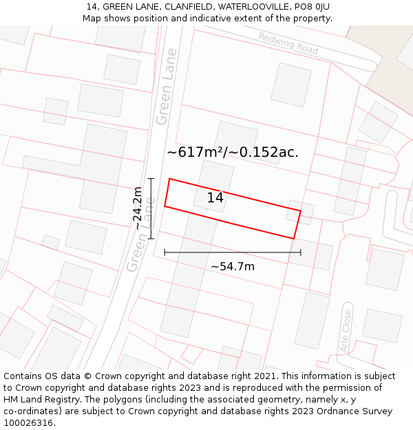 14, GREEN LANE, CLANFIELD, WATERLOOVILLE, PO8 0JU: Plot and title map