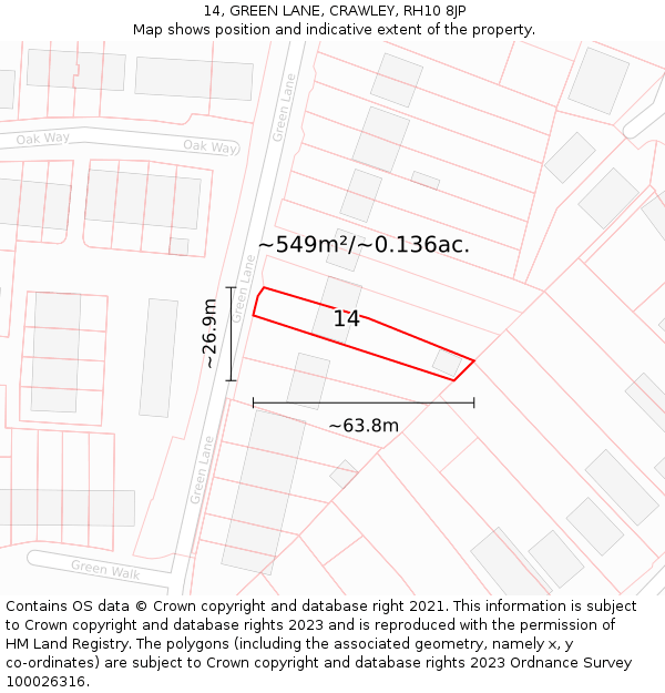 14, GREEN LANE, CRAWLEY, RH10 8JP: Plot and title map