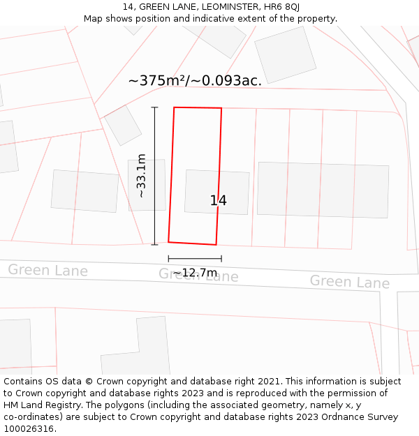 14, GREEN LANE, LEOMINSTER, HR6 8QJ: Plot and title map