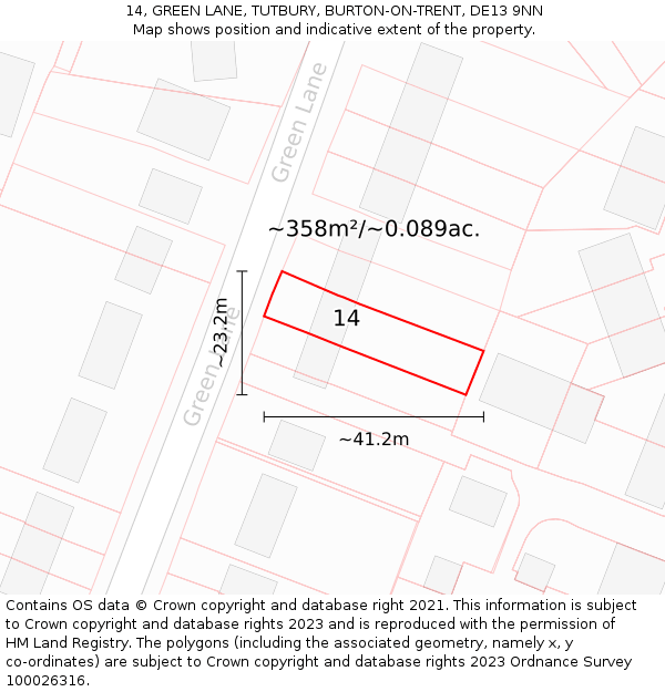 14, GREEN LANE, TUTBURY, BURTON-ON-TRENT, DE13 9NN: Plot and title map