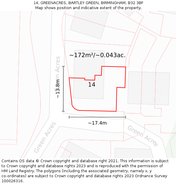 14, GREENACRES, BARTLEY GREEN, BIRMINGHAM, B32 3BF: Plot and title map