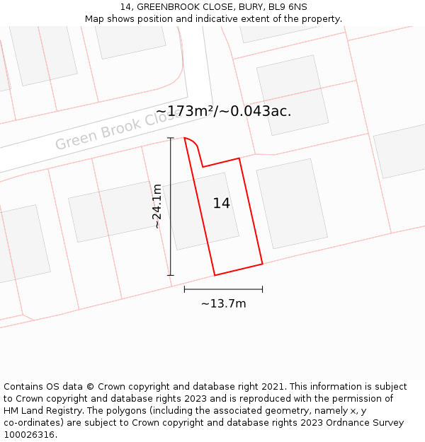 14, GREENBROOK CLOSE, BURY, BL9 6NS: Plot and title map