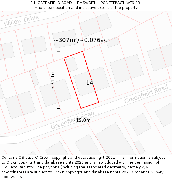 14, GREENFIELD ROAD, HEMSWORTH, PONTEFRACT, WF9 4RL: Plot and title map