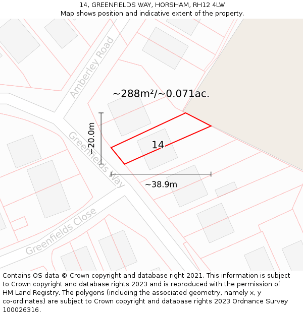 14, GREENFIELDS WAY, HORSHAM, RH12 4LW: Plot and title map