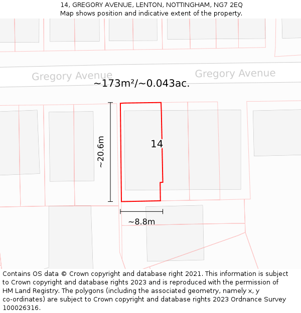 14, GREGORY AVENUE, LENTON, NOTTINGHAM, NG7 2EQ: Plot and title map