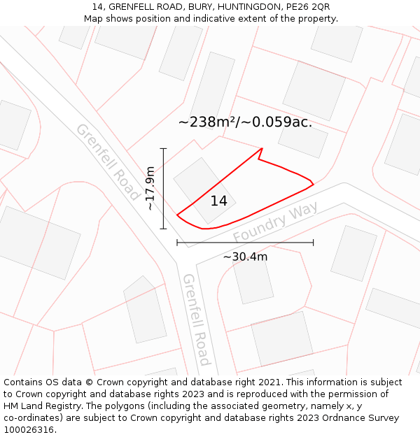 14, GRENFELL ROAD, BURY, HUNTINGDON, PE26 2QR: Plot and title map