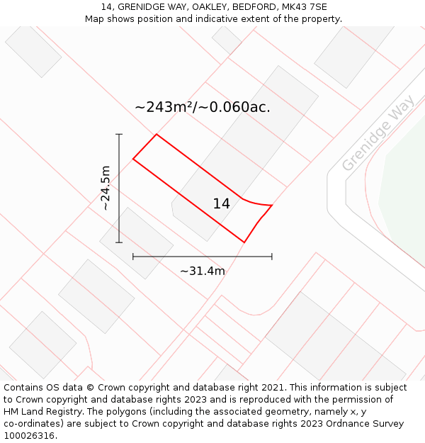 14, GRENIDGE WAY, OAKLEY, BEDFORD, MK43 7SE: Plot and title map