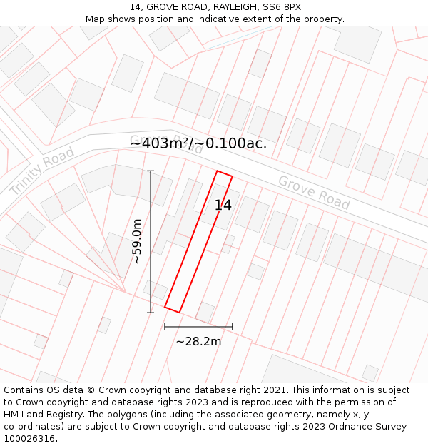 14, GROVE ROAD, RAYLEIGH, SS6 8PX: Plot and title map