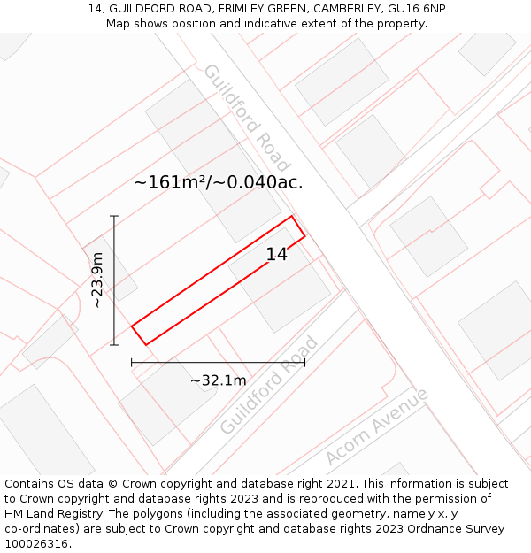 14, GUILDFORD ROAD, FRIMLEY GREEN, CAMBERLEY, GU16 6NP: Plot and title map