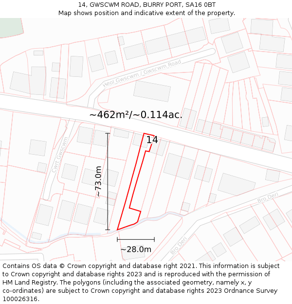 14, GWSCWM ROAD, BURRY PORT, SA16 0BT: Plot and title map