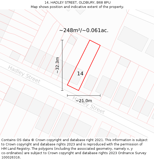 14, HADLEY STREET, OLDBURY, B68 8PU: Plot and title map