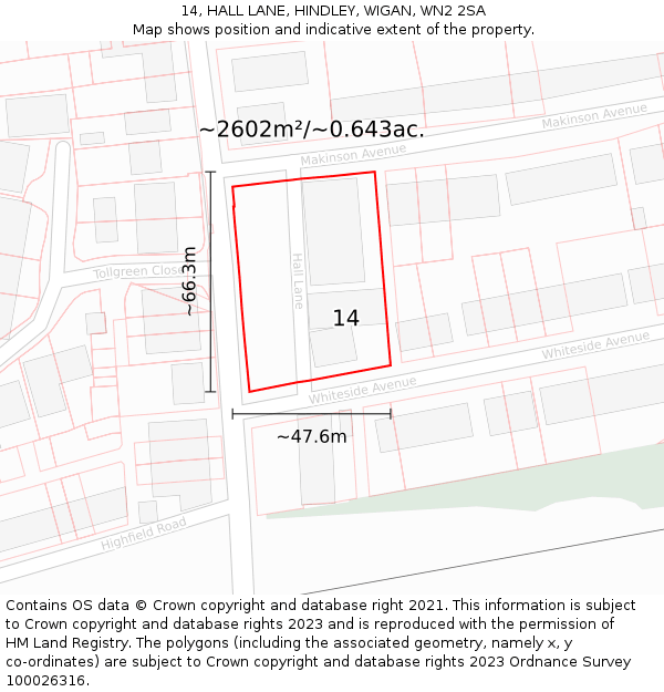 14, HALL LANE, HINDLEY, WIGAN, WN2 2SA: Plot and title map