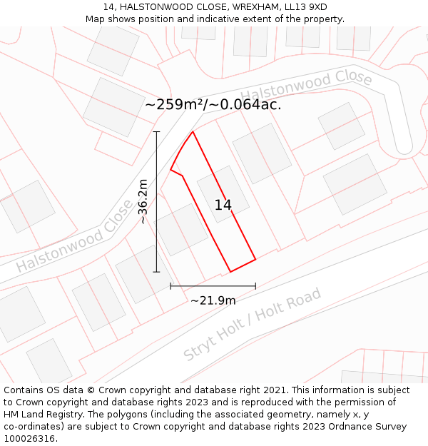 14, HALSTONWOOD CLOSE, WREXHAM, LL13 9XD: Plot and title map