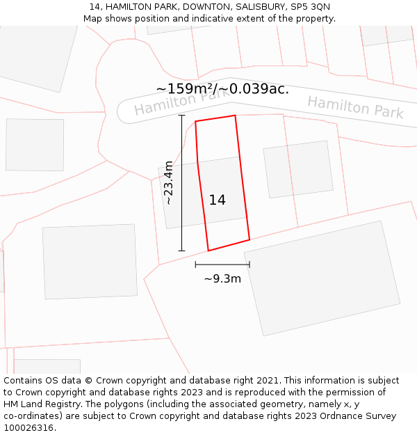 14, HAMILTON PARK, DOWNTON, SALISBURY, SP5 3QN: Plot and title map