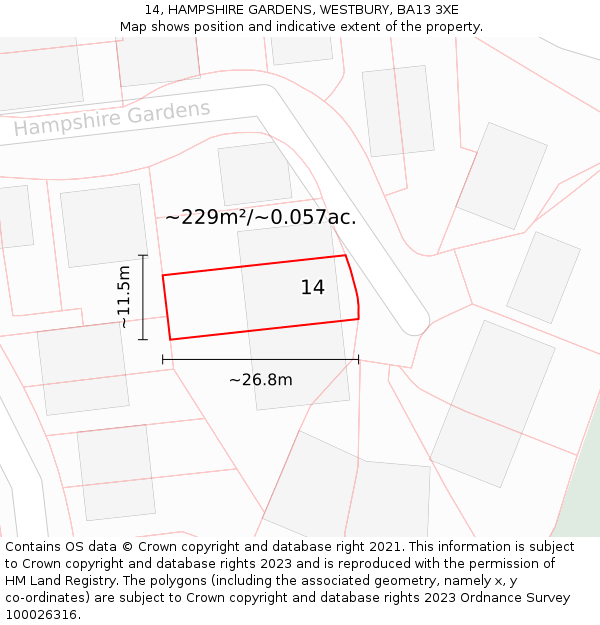 14, HAMPSHIRE GARDENS, WESTBURY, BA13 3XE: Plot and title map