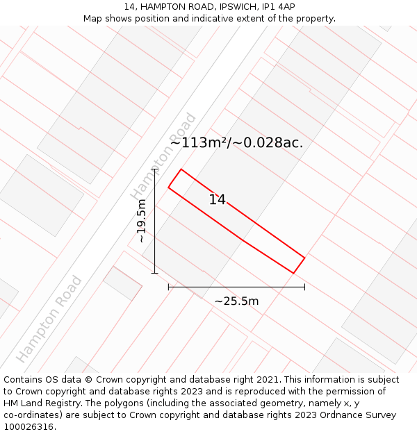 14, HAMPTON ROAD, IPSWICH, IP1 4AP: Plot and title map