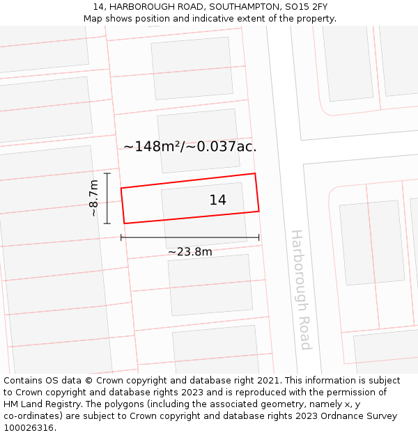 14, HARBOROUGH ROAD, SOUTHAMPTON, SO15 2FY: Plot and title map