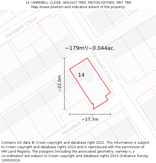 14, HAREBELL CLOSE, WALNUT TREE, MILTON KEYNES, MK7 7BA: Plot and title map