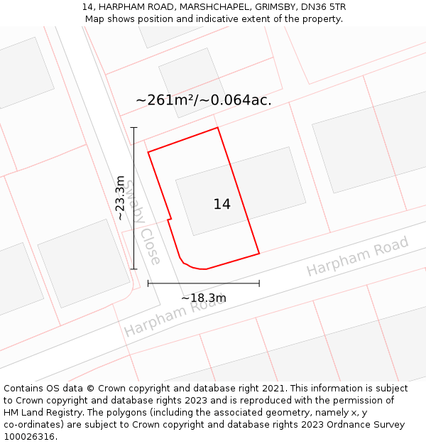 14, HARPHAM ROAD, MARSHCHAPEL, GRIMSBY, DN36 5TR: Plot and title map