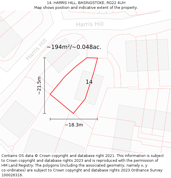 14, HARRIS HILL, BASINGSTOKE, RG22 4UH: Plot and title map