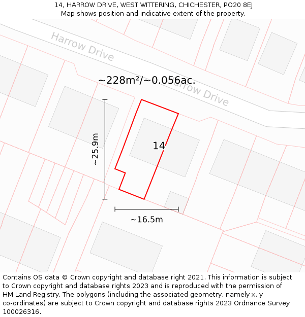 14, HARROW DRIVE, WEST WITTERING, CHICHESTER, PO20 8EJ: Plot and title map