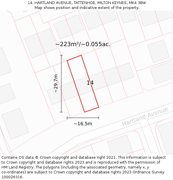 14, HARTLAND AVENUE, TATTENHOE, MILTON KEYNES, MK4 3BW: Plot and title map