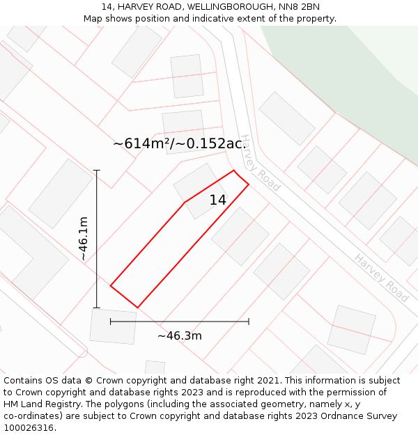 14, HARVEY ROAD, WELLINGBOROUGH, NN8 2BN: Plot and title map