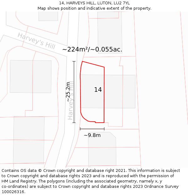 14, HARVEYS HILL, LUTON, LU2 7YL: Plot and title map