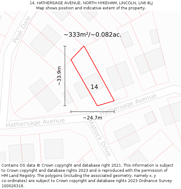 14, HATHERSAGE AVENUE, NORTH HYKEHAM, LINCOLN, LN6 8LJ: Plot and title map