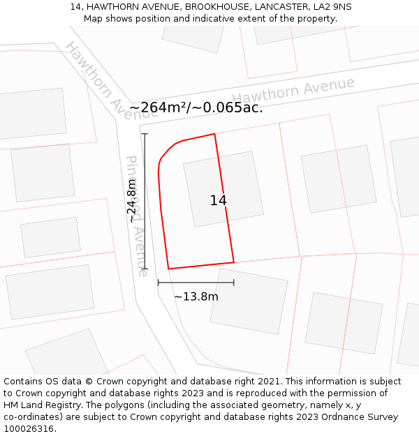 14, HAWTHORN AVENUE, BROOKHOUSE, LANCASTER, LA2 9NS: Plot and title map