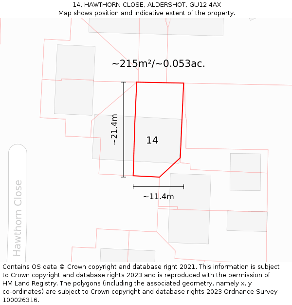 14, HAWTHORN CLOSE, ALDERSHOT, GU12 4AX: Plot and title map