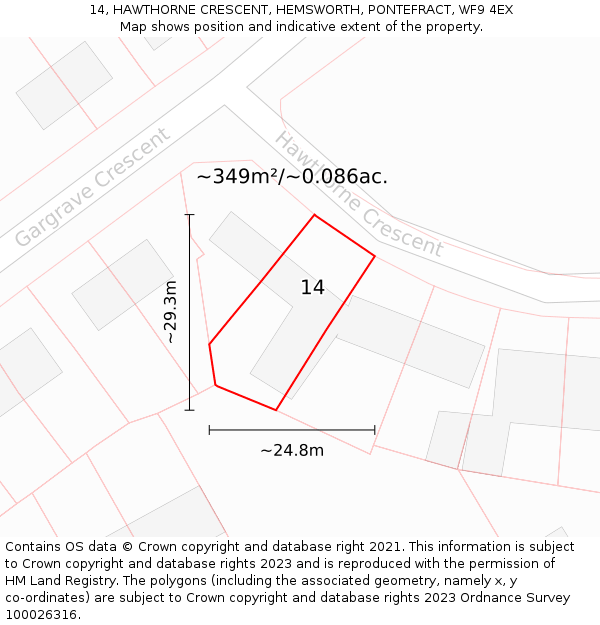 14, HAWTHORNE CRESCENT, HEMSWORTH, PONTEFRACT, WF9 4EX: Plot and title map