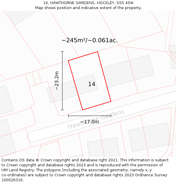 14, HAWTHORNE GARDENS, HOCKLEY, SS5 4SW: Plot and title map