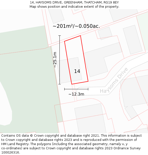 14, HAYSOMS DRIVE, GREENHAM, THATCHAM, RG19 8EY: Plot and title map