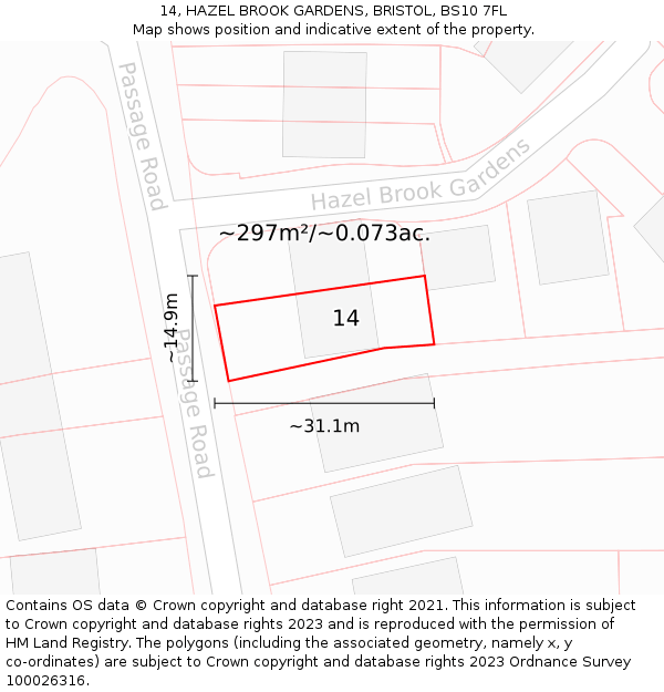 14, HAZEL BROOK GARDENS, BRISTOL, BS10 7FL: Plot and title map