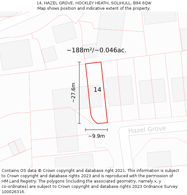 14, HAZEL GROVE, HOCKLEY HEATH, SOLIHULL, B94 6QW: Plot and title map