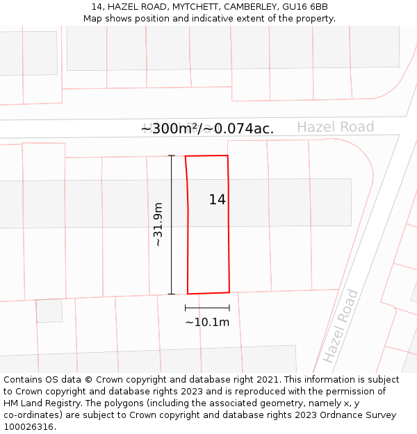 14, HAZEL ROAD, MYTCHETT, CAMBERLEY, GU16 6BB: Plot and title map