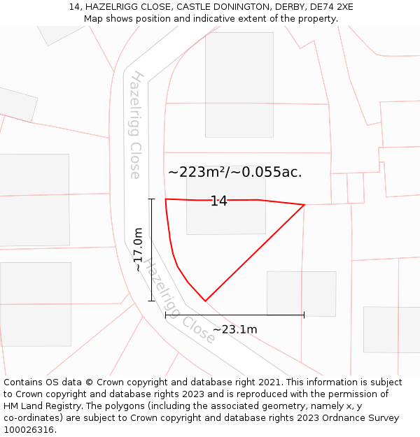 14, HAZELRIGG CLOSE, CASTLE DONINGTON, DERBY, DE74 2XE: Plot and title map