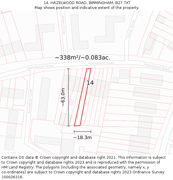 14, HAZELWOOD ROAD, BIRMINGHAM, B27 7XT: Plot and title map